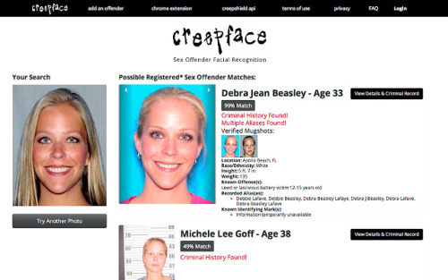 psychoticpixiedreamgirl:  intlsugarbaby:  sugar-babe-kira:  european-sugar:  prostheticknowledge:  Creepface Online image search tool and Chrome extension that claims to locate US sex offenders in itâ€™s database with facial recognition analysis:  This