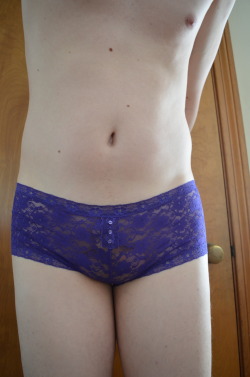 chastityliving:  doubleswitchcouple:  Purple lace panties. Cute
