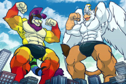 rainbowjulian: Commission by @buizilla!a fully cel-shaded piece featuring me and @themightybookmanJust Julian and LLL’s Dannik having a big flex off in the city!none of the other contestants really had a chance from the moment these two started growing