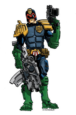 thecomicartblog:  A rather over-armed Judge Dredd by Andy MacDonald.Look