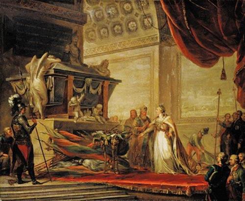 history-in-pictures:  Catherine II laying the trophies of the Battle of Chesme on the Tomb of Peter the Great