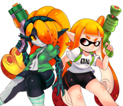 spectorumato:  Squidna &amp; InklingSquidna’s design is from xDraws, so go and check out his drawings and 3d stuff right away~  ･ω･