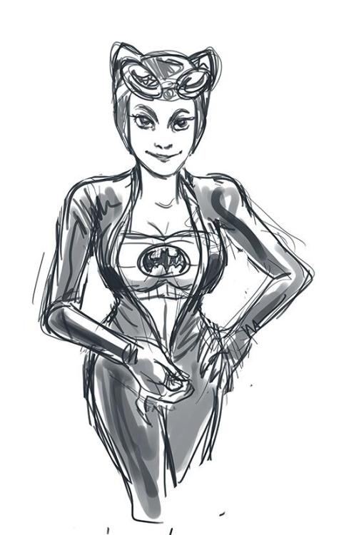 dresdencodak:  As a follow-up to my previous post, I thought I’d draw my own Catwoman-with-a-sports-bra. I think she looks much happier with some support. The other Catwomans belong to Pascalle Lepas and Claire Hummel, respectively. What other female