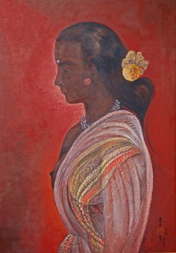 vintageindianclothing:  So let your hairNow full of budding flowersBloom as it desires. Ainkurunuru 496.  Painting attributed to Manishi Dey (probably early 60s)  The lady wears kadamba and hibiscus in her hair.  