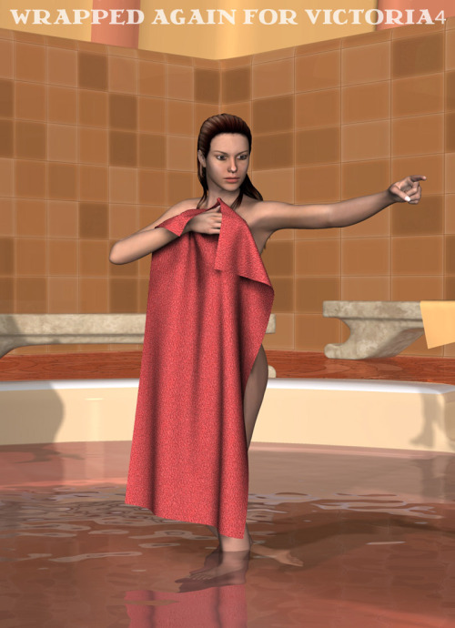 Wrapped Again for Victoria 4 25 Poses for Victoria4 with a towel that has matching morphs. The towel doesn’t need to be conformed. Just load it in and apply the poses. For technical reasons the towel only fits Victoria 4’s default shape. Comes