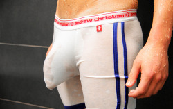 andrewchristian:  Gotta love when white underwear gets wet…