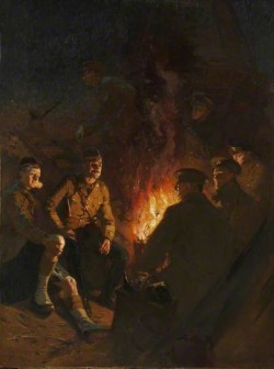 Somewhere at the Front, Soldiers Around a Camp Fire at Night,