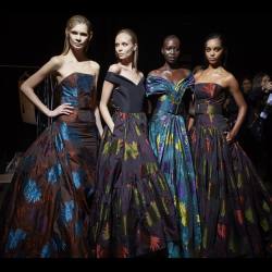 csiriano:  Stunning floral taffeta ball gowns backstage at our