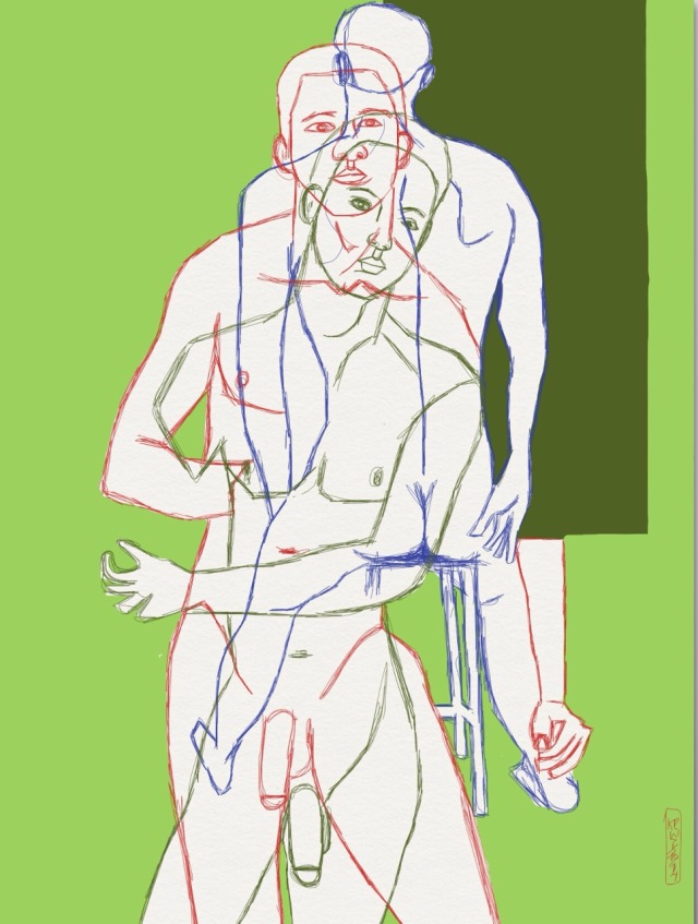 kwa56-blog:Studio figure rises from posing stool and turns away.Coloured