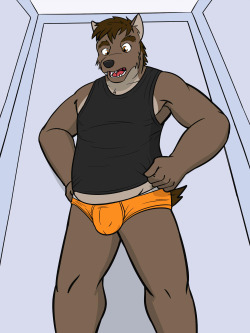 Big Canine Dude putting on a size too small tank top.