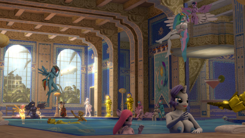 Mare Exclusive Bath Party! The Royal Sisters invite a few high profile mares to their bathing chamber. This was quite fun working on, big thanks to Crescent Papermoon for helping with a lot of models.