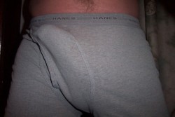 undie-fan-99:  In and outta of his grey Hanes boxerbriefs