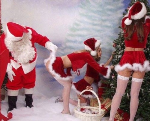 As Santa lifted his helper’s skirt he exclaimed, “Ho-ho-ho!