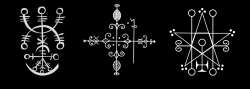 talisman:  From left to right: Icelandic magical staff, vodou veve,