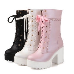 kawaiiconnection:Women’s Platform, Square Heel, Lace Up, Ankle