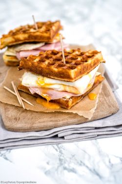 intensefoodcravings:Parmesan Waffle, Ham, Cheese and Egg Breakfast