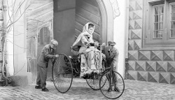 historicaltimes:  Bertha Benz  in a Benz Patent-Motorwagen .