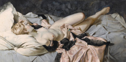 artbeautypaintings:  Reclining nude with pink robe - Lev Chitovsky