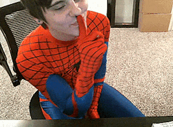 retrofantasia01:  allofthelycra:  HOOOOLY SHIT. Does anyone know who this guy is?  Spider-man swiftly succumbed to the hypnotic program I had surreptitiously installed. Soon he was spending all his time in front of the computer  masturbating to one gay