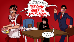 kioart:  While watching Mark play Baking Simulator, I commented that he reminded me of an angry housewife. My datemate then asked if Wilfred Warfstache would be the husband, and this was spawned. Somehow Darkiplier ended up as the emo vampire teenager