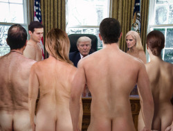 theonion:Nude Aides Huddled Around Trump Assure Him No One Wearing Wire
