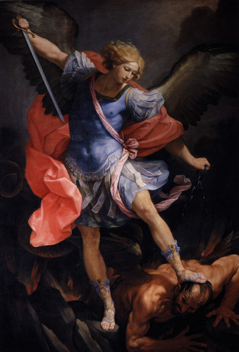 guido-reni: The Archangel Michael defeating Satan, 1635, Guido