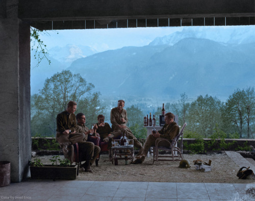   Major Richard Winters, Captain Lewis Nixon, and other officers of Easy Company (portrayed in HBO’s Band of Brothers) celebrate V-E day in Hitler’s private residence, Berchtesgaden, in the Bavarian Alps. May 8, 1945  