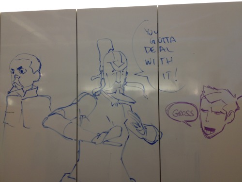 korranation:  censura:  The crew was having way too much fun.  We have white board cabinets at our animation studio. Here’s just some of the INSANELY AWESOME artwork that gets drawn on them :) 