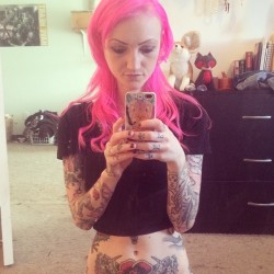 carnyrabbit:  Neon head #brightlights #pinkhair #tattoos 