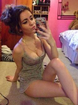 chavs-whores-sluts-slags:  Cute brunette all ready for bed &