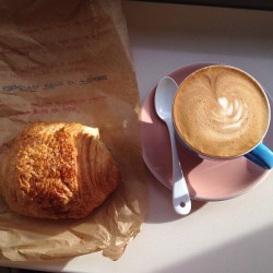 pain au chocolat from Le Grenier au Pain with a “flat white”