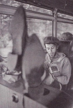 Tom Waits on the tour bus reading Last Exit to Brooklyn, 1975 