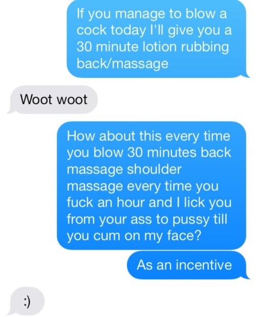 flufftruffet:  Am I a good husband or what?  She earns massages by being a slut… What a great relationship!