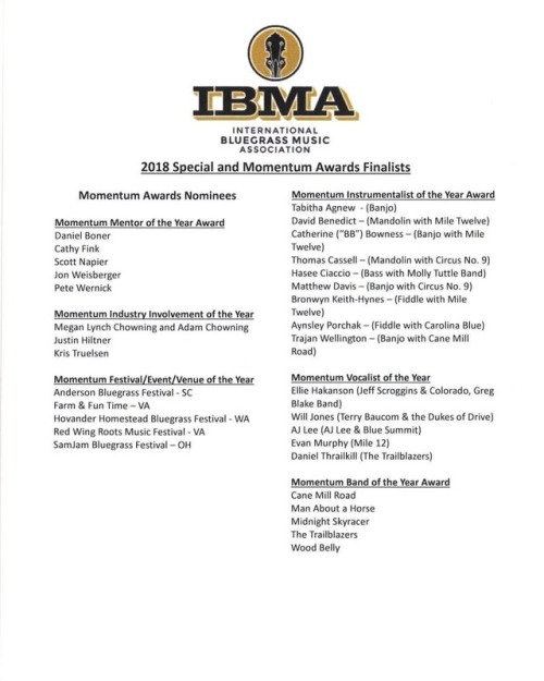 <p>Well, isn’t this nice? Thank you to the nominating committee of the @intlbluegrass for including us in the Industry Involvement category of the IBMA Momentum Awards. Nashville Acoustic Camps is all about bridging gaps and narrowing divides between people by cramming them into our living room and teaching them to play bluegrass and old time music for hours on end. We’re a little surprised there’s an award for that, but since there is, we’re honored to be nominated for it. 😉 This is also an opportunity to thank our instructors, without whom we would not be able to do any of this and therefore the gaps would remain un-bridged and our living room would remain terribly lonely. This nomination is just as much for all of them. (Also, a bunch of them are nominated for awards of their own so clearly the IBMA recognizes how fabulous they are without me having to mention it.) #bluegrass #nashvilleacousticcamps #itsjustanhonortobenominated  (at Fiddlestar)</p>