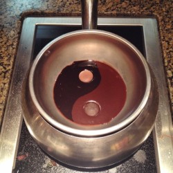 milk and dark chocolate fondue - ying / yang style. OMG it was