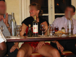 carelessnaked:  Showing pussy under the table and having fun