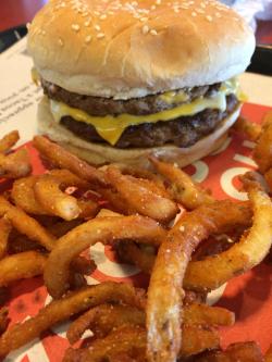 yummyfoooooood:  Double Cheeseburger with Curly Fries 