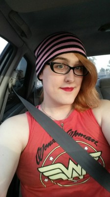 thetransbutch:  Thrift shopping!! Beanie, jeans, and new HUGE