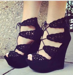 shoespie:Sexy Black Suede Butterfly Cut-Outs Wedge Heel Sandals