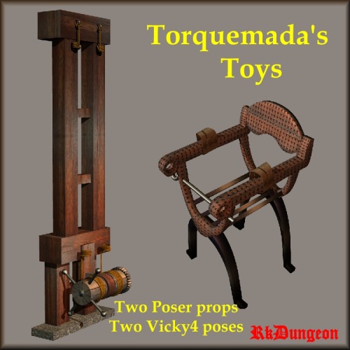 If you’re looking for even more props for you dungeons then here you go! Two props for your dungeon with poses for Victoria 4! Works perfectly with Poser 6 . Check the link for more info and photos! Woo! Torquemada’s Toyshttp://renderoti.ca/Torquema