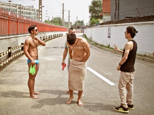 bbbtm13:  Hot guys in sexy trunks on the street, by West Phillips  Reblog & follow me for more surprise!