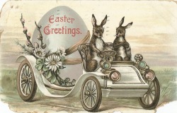 weirdvintage:Edwardian Easter postcard featuring bunnies on the