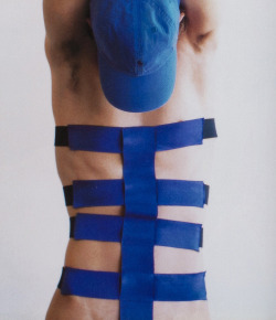 vuittonv:  i-D March 2003. (Elastic cage by Helmut Lang; baseball