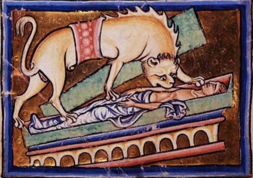 Hyena eating a dead man, British Library, Royal MS 12 C. xix,