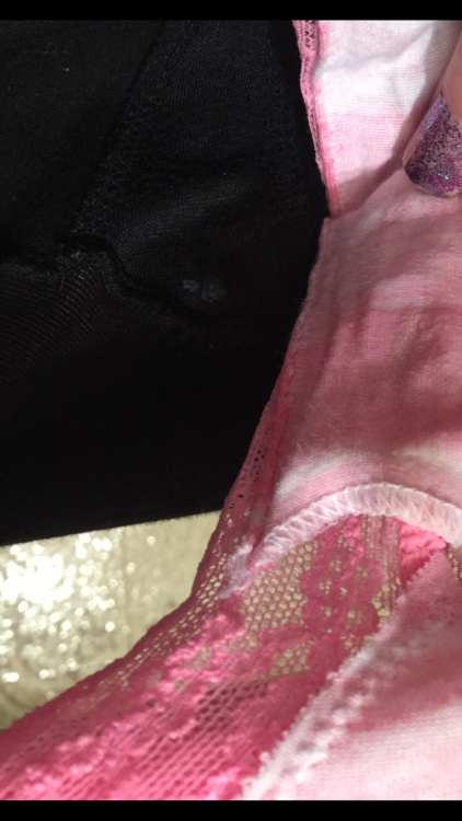 jigglybeanphalange:  Made these pink panties wet while working today. I strategically crossed my legs at my desk; grinding against the pressure between my thighs while taking care of business. Some cream leaked through the lace and into my leggings leavin