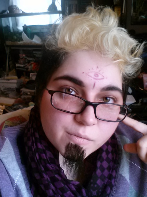 ‘Hello, listeners…’ Makeup test for my Cecil cosplay. I have a vest to use, but I don’t have a proper shirt, so have a dorky purple sweater and scarf I found a good will yesterday. Next up: furry pants!