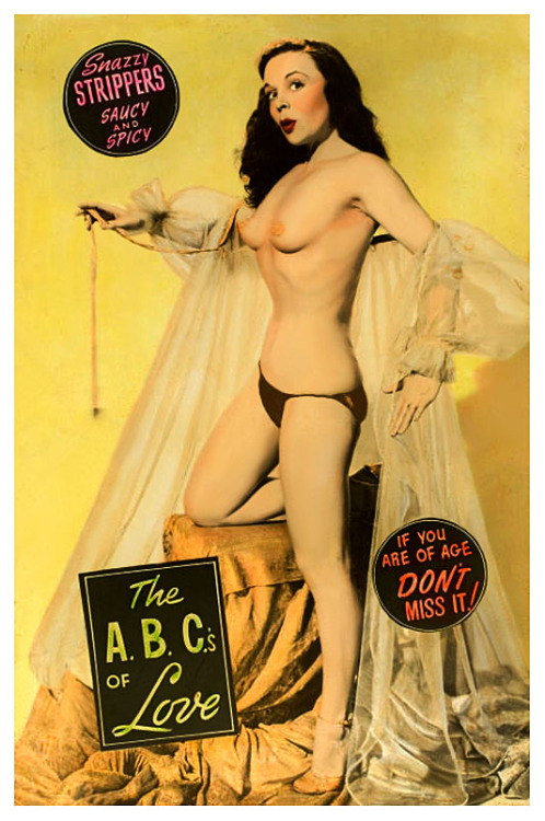 Bebe Hughes is featured in a hand-tinted lobby poster for the 1953 Burlesque film: “The A-B-C’s Of Love”.. The film featured 5 other dancers, including: Gilda, Blaza Glory, and Mae Blondell; and was produced by ‘Billiken Productions&rsqu