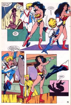 mental-radio1:  Wonder Woman teaches Power Girl a lesson in restraint— Justice League Quarterly #11, Summer 1993.  Art by Lee Moder.   