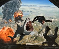 stunningpicture:  Oil painting of exploding sharks and skydivers