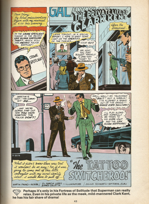 The Tattoo Switcheroo by Martin Pasco, J.L. Garcia-Lopez & Vince Colletta. From Superman Official Annual 1980 (DC Comics/Egmont Publishing). From a car boot sale, Nottingham.   Silver Age Superman story checklist: Previously unnoticed exact doppelgang